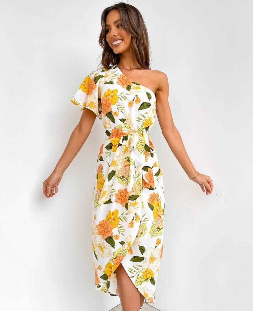 Spring Summer Cold Shoulder Elegant Waist Irregular Asymmetric Hem Dress - Image 2