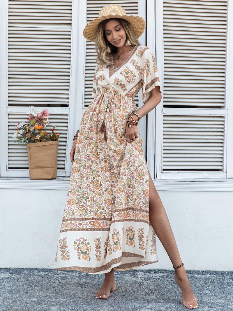 Bohemian Beige Printed Dress Long Tassel Women - Image 4