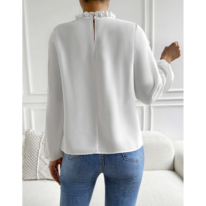 Spring Summer Lace Stitching Lotus Leaf Collar Solid Color Elegant Long Sleeve Top - Image 4