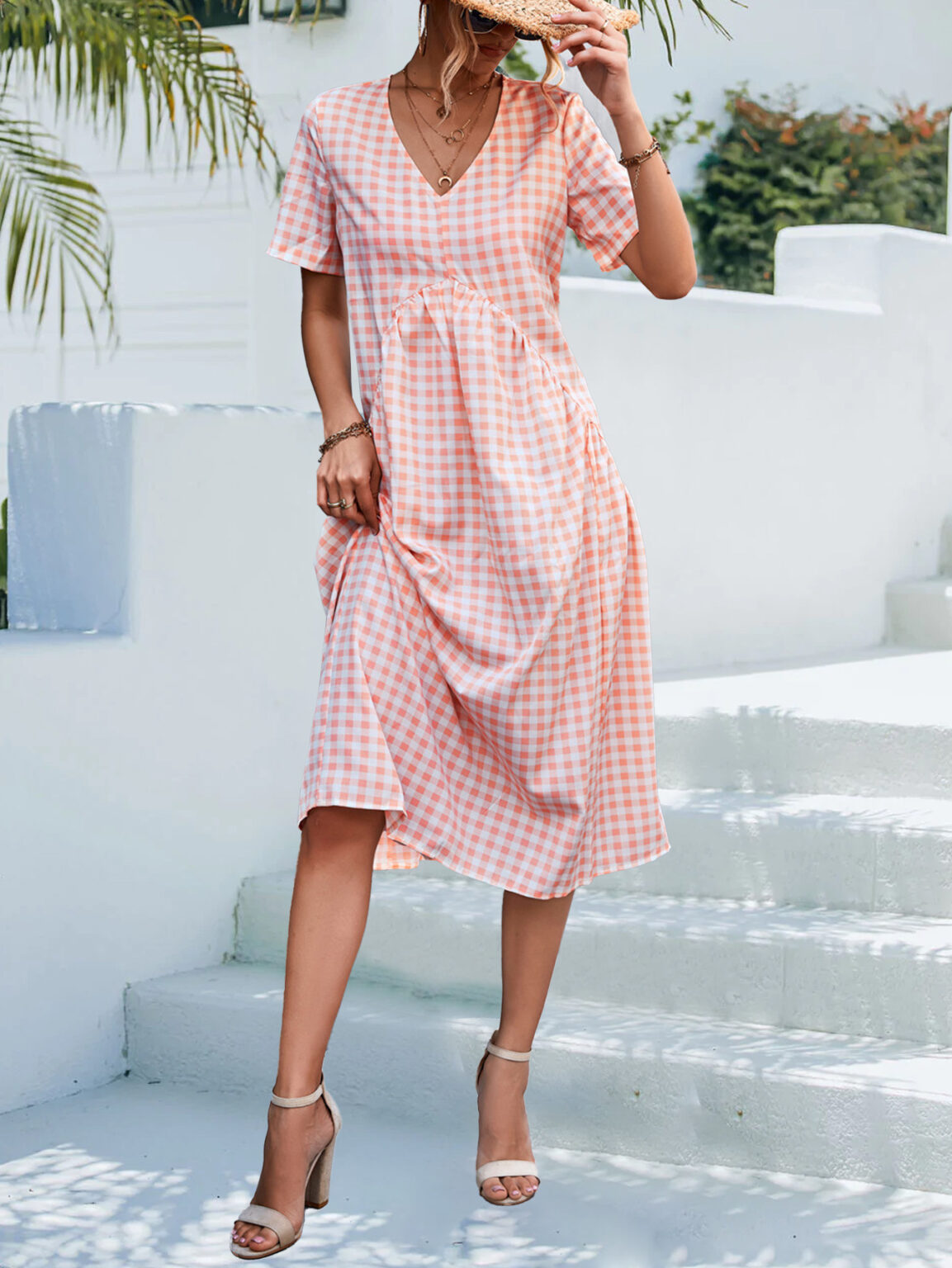 Spring Summer Popular Sexy V neck Short Sleeve Pleated Plaid Maxi Dress - Image 3