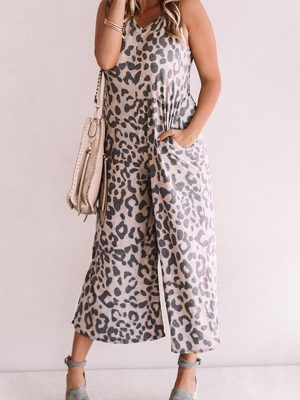 Summer Women Streetwear Leopard Print Sleeveless Loose Women Jumpsuit