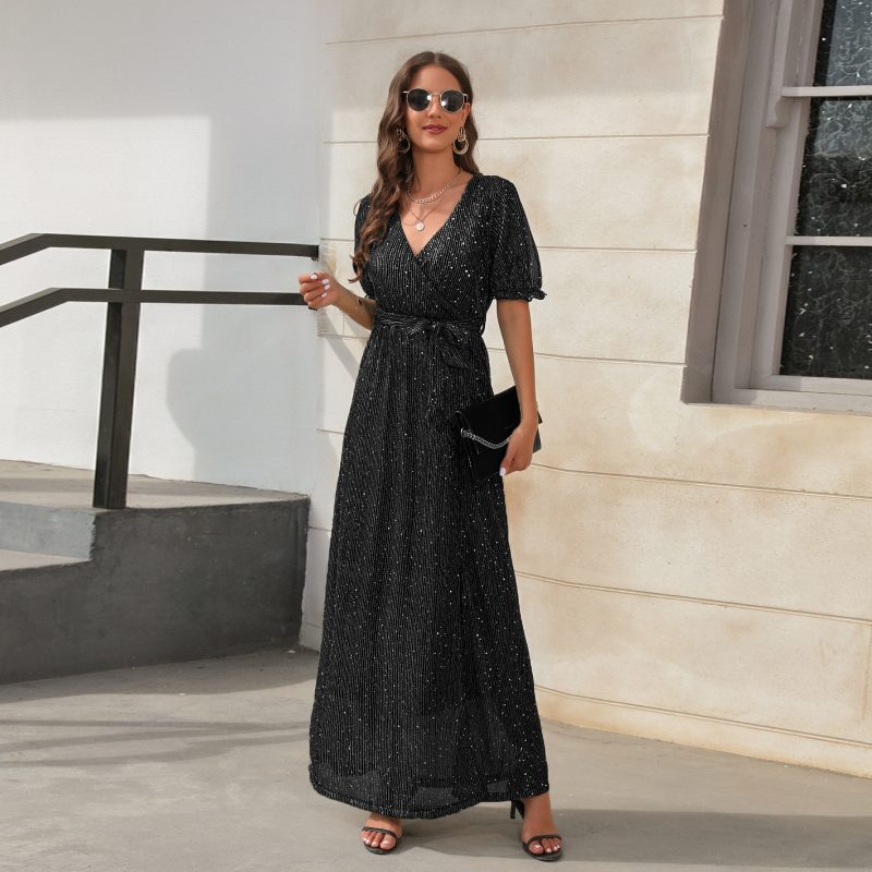 Spring Summer V neck High Waist Tied Dress Cocktail Party Split Long Short Sleeve Dress Party Dress - Image 3
