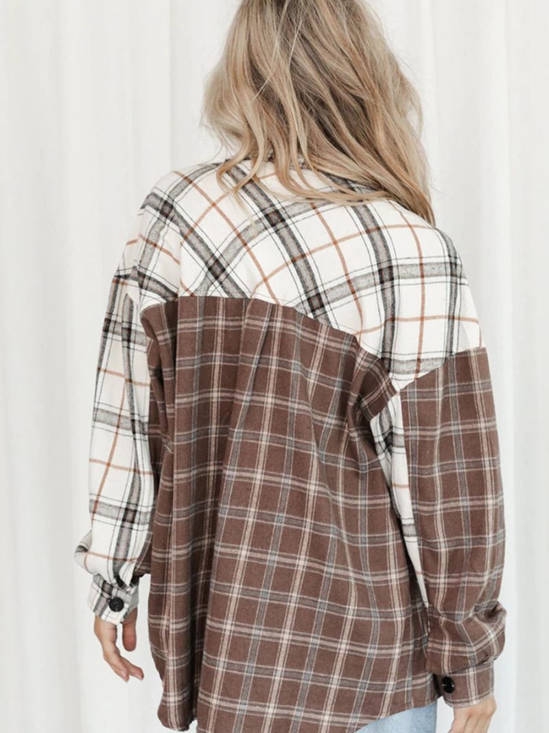 Brown Mixed Plaid Soft Large Profile Shirt Women Loose Shirt - Image 5