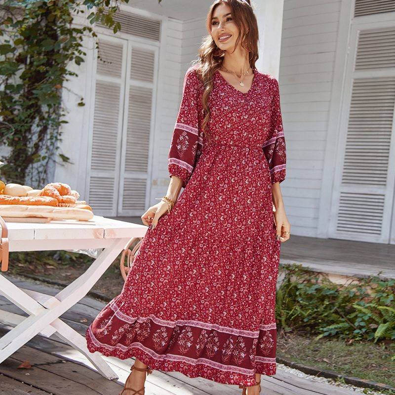 Spring Summer Printed Waist Controlled Long Sleeve Big Hem Bohemian Dress - Image 2