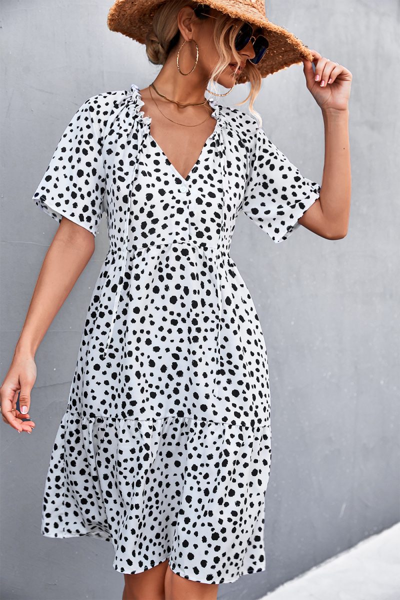 Spring Summer Ruffled V neck Lace up Dot Dress - Image 2