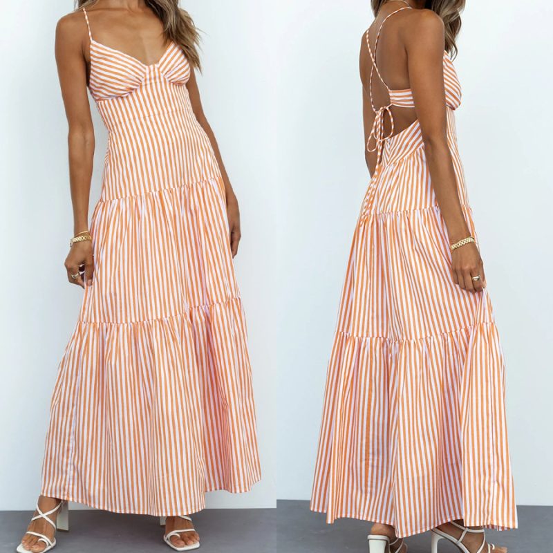 Summer Sexy Strap Tube Top Striped Tied Dress Women Dress - Image 2
