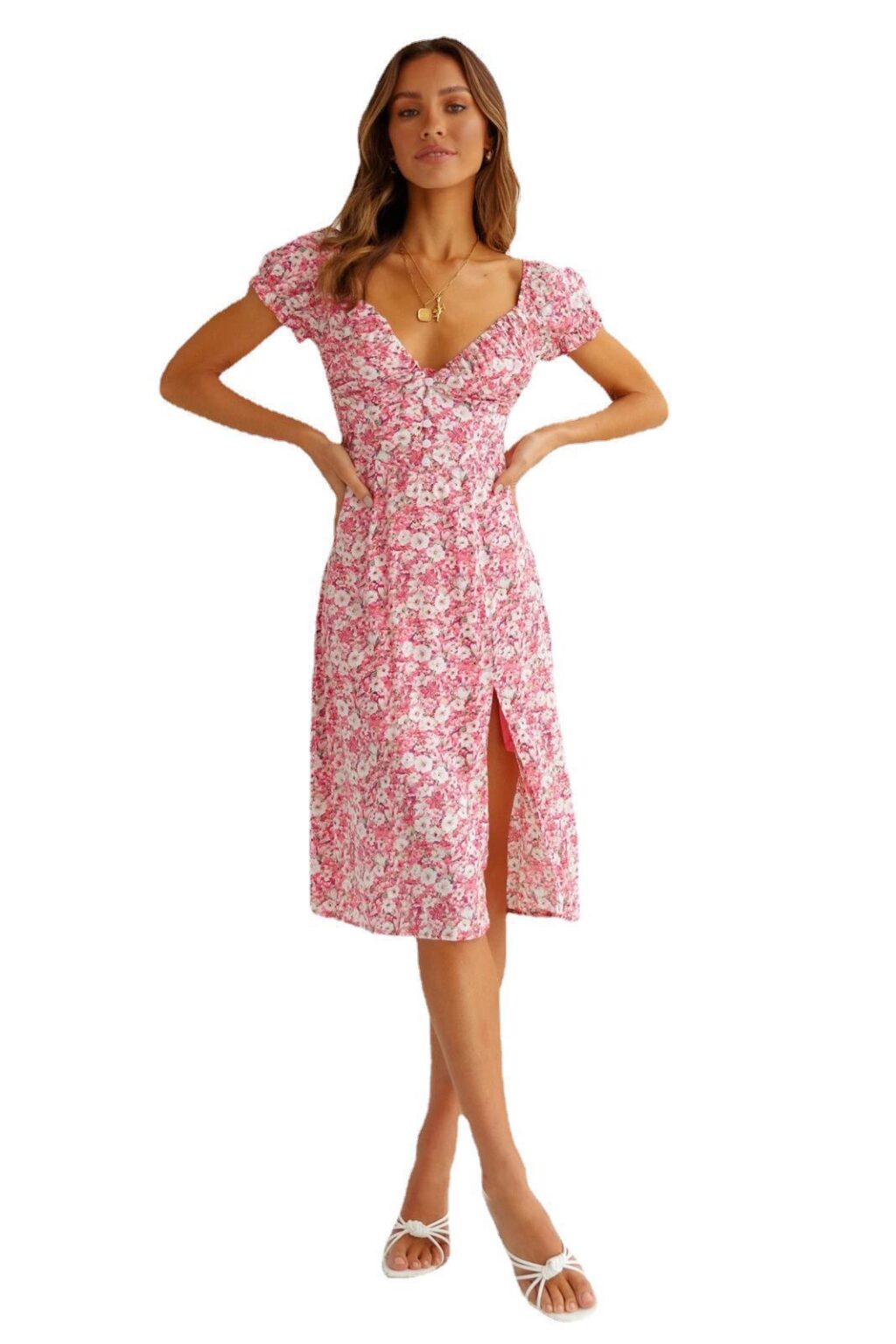 Summer Sexy Deep V neck Backless Short Sleeve Side Slit Printed Dress Women - Image 4