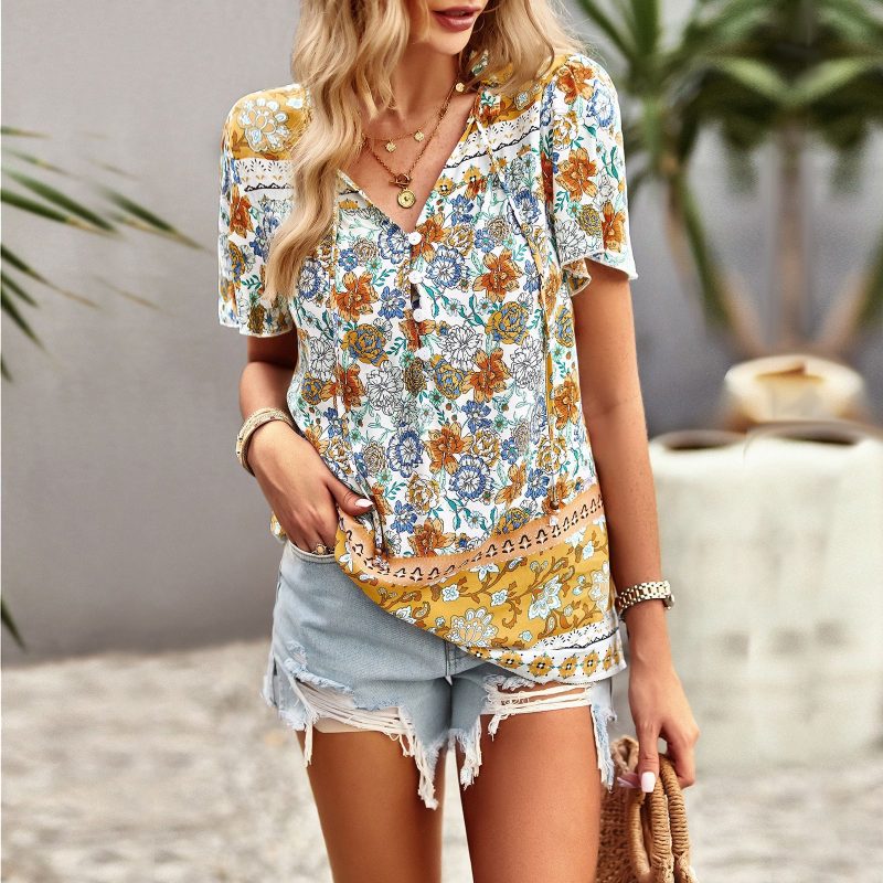Bohemian Casual Shirt Spring Summer Girly Elegant Women Printed Wear - Image 2
