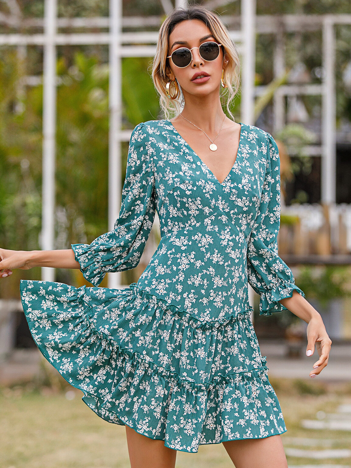 Spring Autumn Loose Lady Mid Waist Solid Color Pleated Dress Women Graceful Large Swing Dress - Image 4