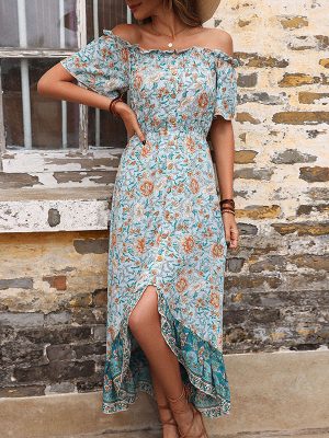 Arrival Summer Floral  Blue off-Neck French Retro Dress