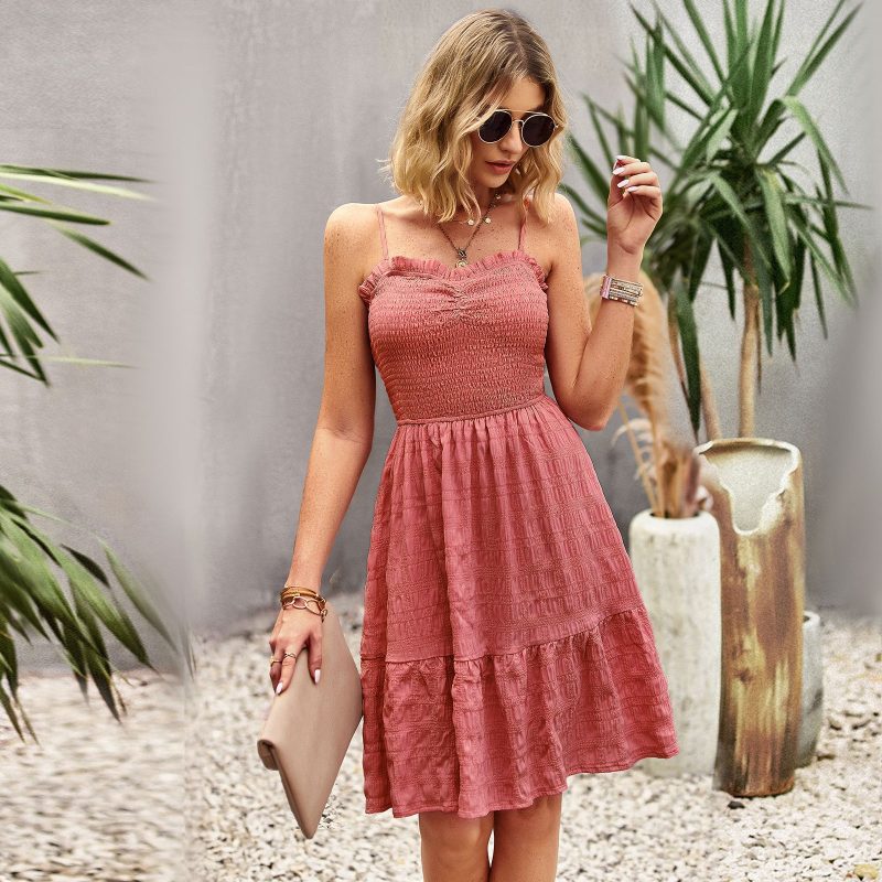 Women Dress Spring Summer Girl Solid Color Wide Hem Mid Length Dress Holiday - Image 3