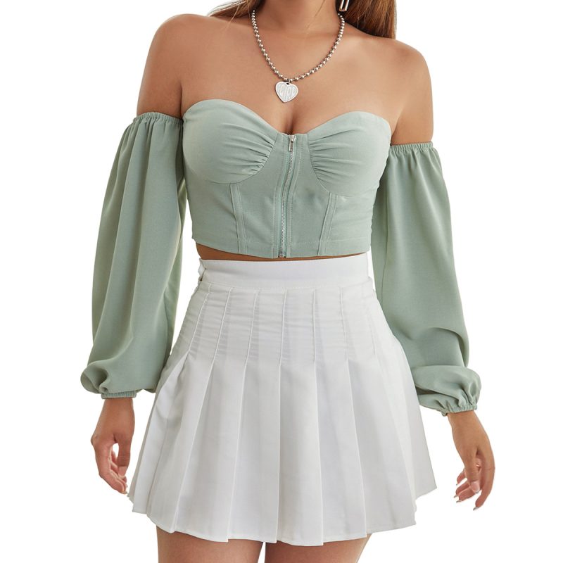 Women Strapless Shoulder Elastic Mouth Long Sleeve Front Zipper Tube Top Short Type Stitching Sexy Vest - Image 2