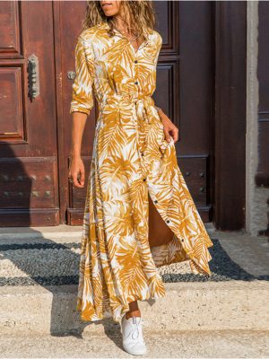 Spring Autumn Polo Collar Bohemian Printed Single Breasted Midi Dress Long Sleeve Dress