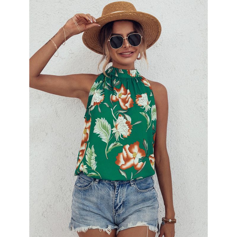 Casual Women Shirt Floral Print Sleeveless Stand Up Collar Tie Shirt - Image 3