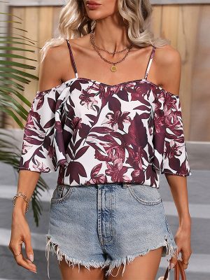 Summer Red with Spaghetti Straps Printed Bell Sleeve Short Top