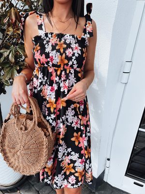 Lace up Smocking Simple A line Printed Dress Summer Dress