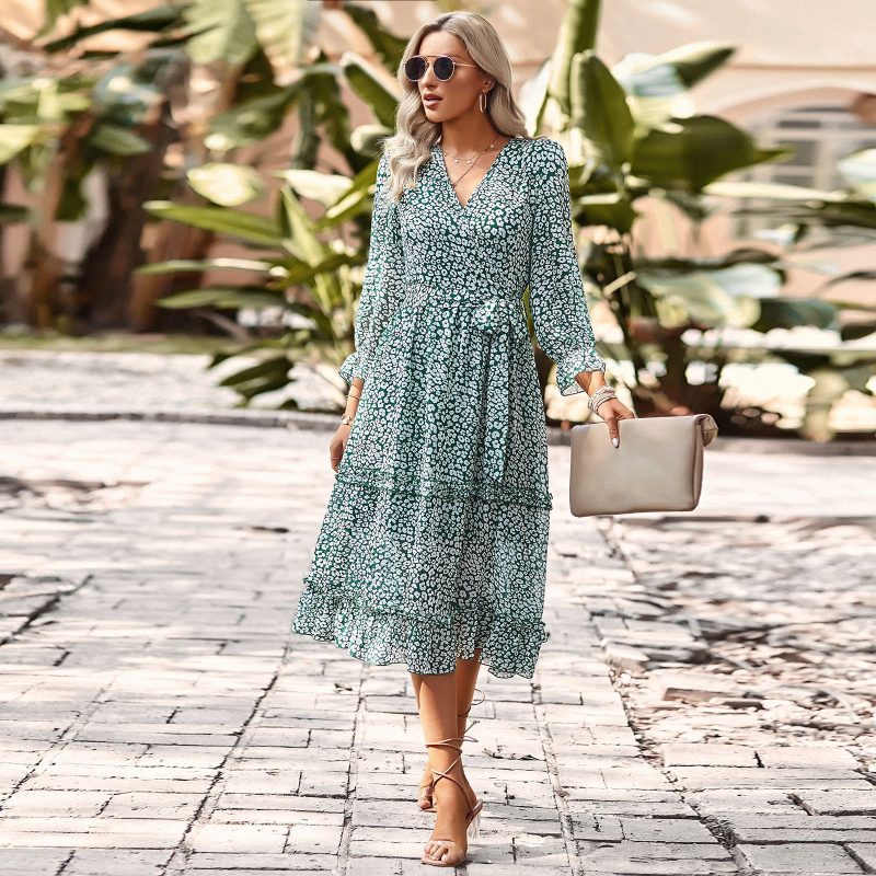 Floral Dress Women Spring Summer Elegant V neck 3/4 Sleeve Self Tie Dress - Image 3