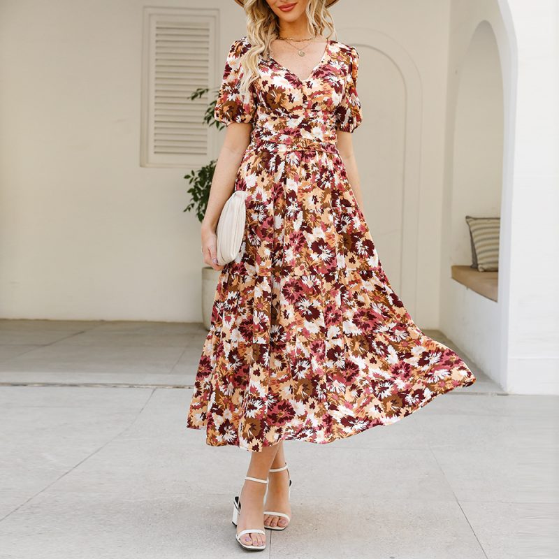 Printed Short Sleeved Dress Women Summer V Neck Waist Controlled Slimming Maxi Dress - Image 2
