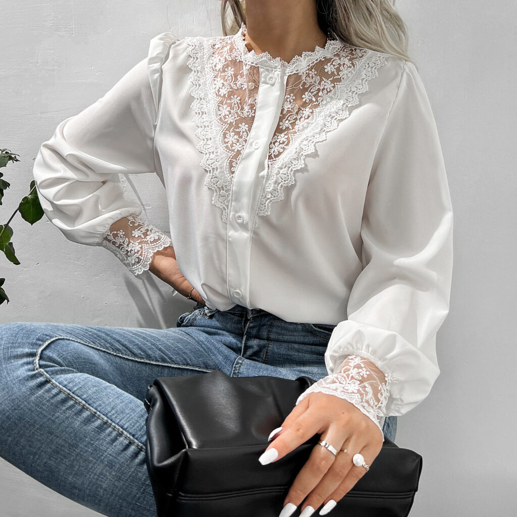 Autumn Winter Lace Shirt Lantern Sleeve Single Breasted Top - Image 3