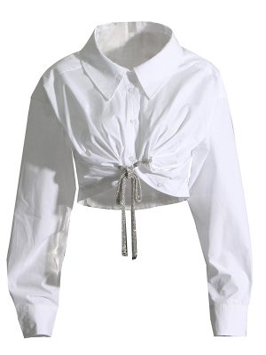 Full Personality Diamond Bow Lightly Mature Top High Waist Slimming Short Shirt Women