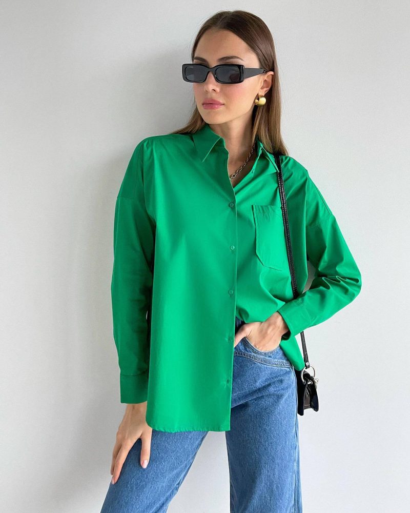 spring Summer Long Sleeve Irregular Asymmetric Design Single Pocket Solid Color Shirt - Image 2