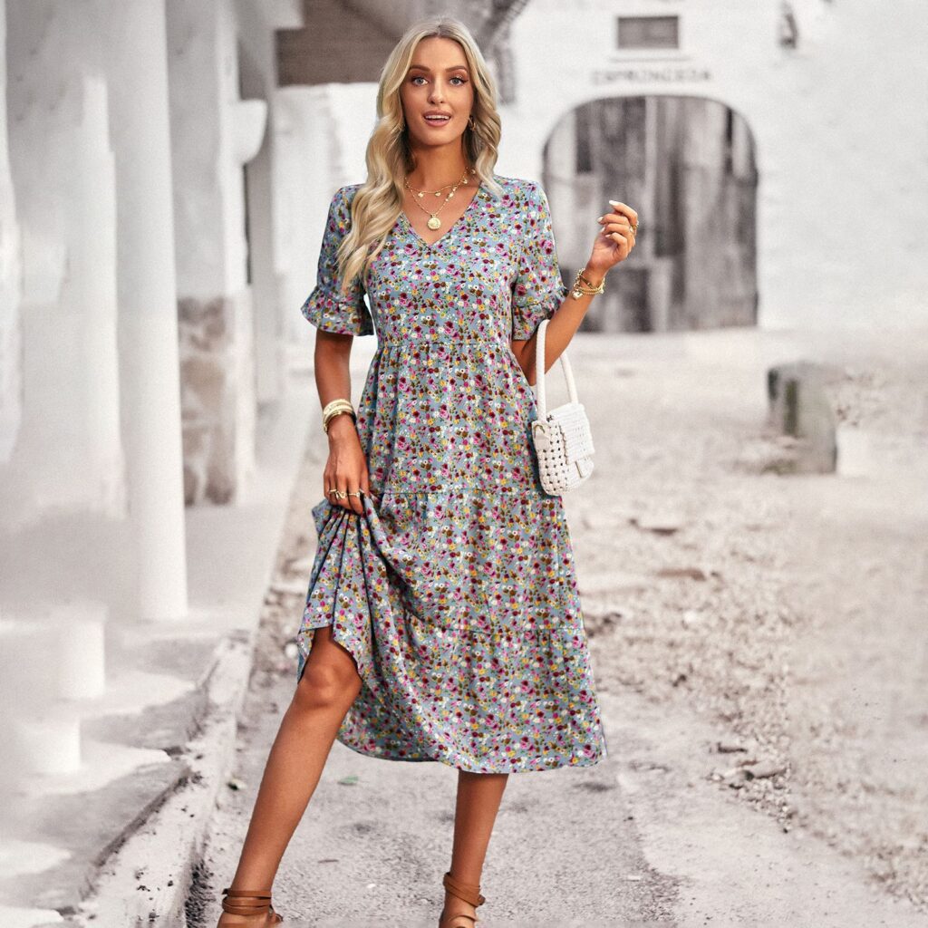 V neck Elegant Dress Summer Short Sleeve Vacation Dress