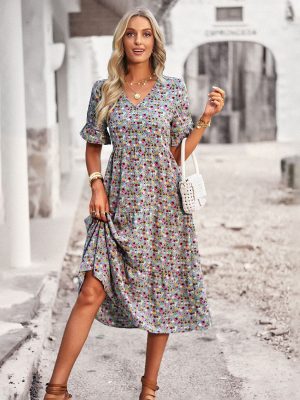 V neck Elegant Dress Summer Short Sleeve Vacation Dress