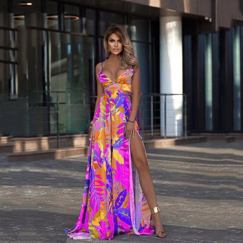 Spring Leaves Printed Sexy Tube Top Urban Sleeveless Sling Maxi Dress - Image 2