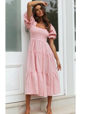 Spring Summer Smocking Short Plaid Puff Sleeve Dress Women Clothing Tiered Dress