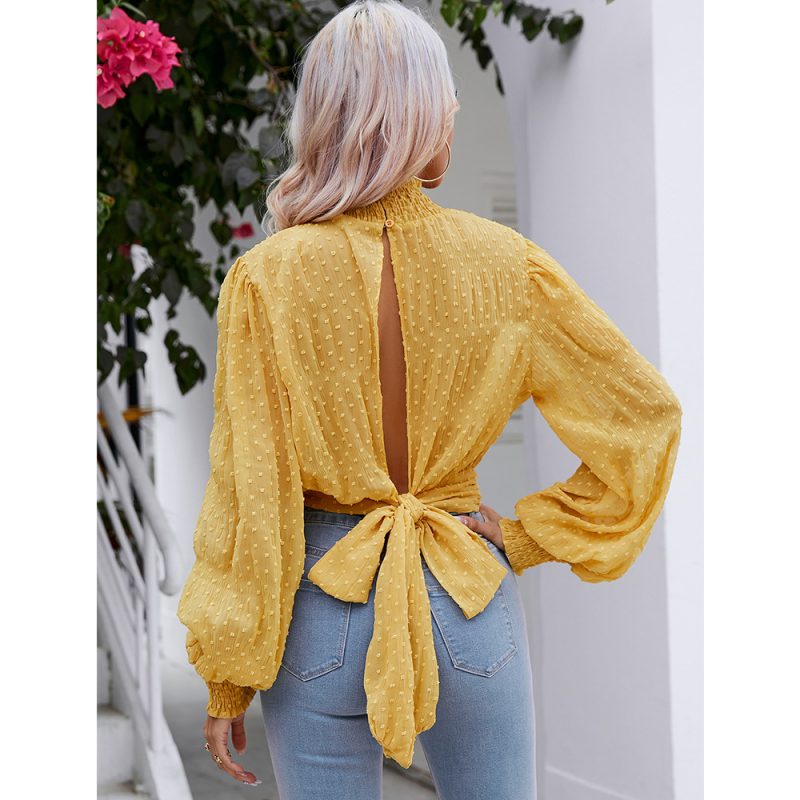 Women Spring Summer Vacation Chiffon Shirt Lantern Long Sleeve Pleated Lace up Casual Top - Image 2