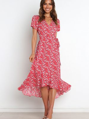 Printed Short Sleeve V-neck Lace-up Large Swing Dress for Women