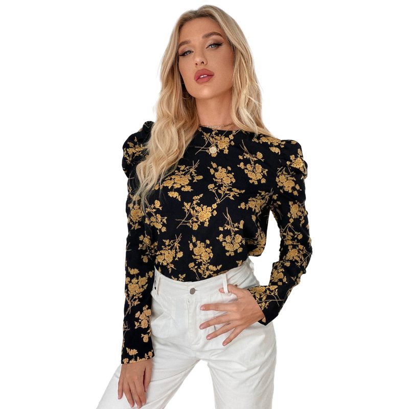 Autumn Winter Elegant Plant Floral Long Sleeve round Neck Top Women - Image 5