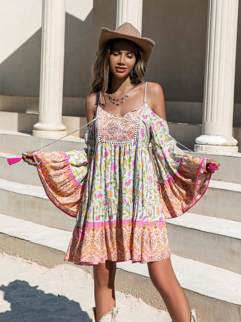 Loose Printed Off Shoulder Tassel Dress Vacation - Image 2
