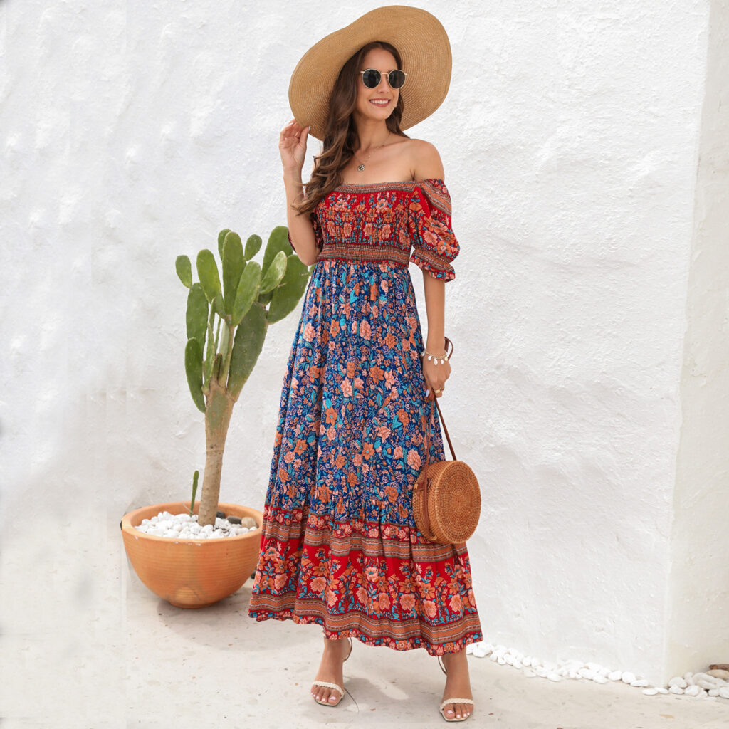 Bohemian Beach Holiday Dress off Shoulder Puff Sleeve Floral Mid Length Dress - Image 2