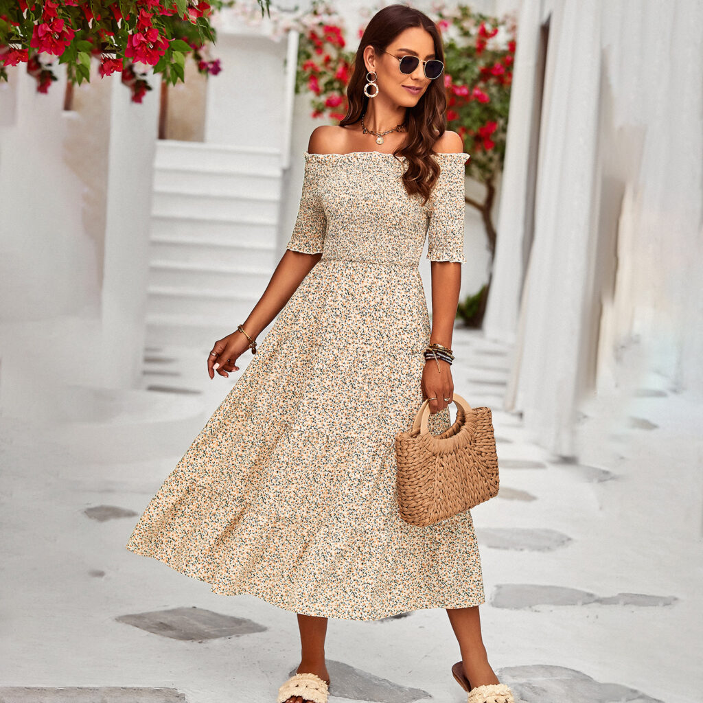 Designed Print Dress for Station Summer off Shoulder Casual A line Dress