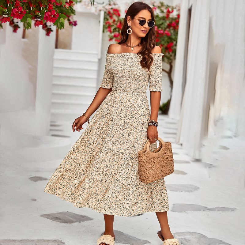 Designed Print Dress for Station Summer off Shoulder Casual A line Dress