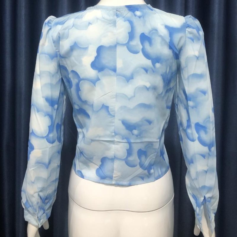 Women Clothing Summer Blue Sky White Clouds Casual Loose Chiffon Top - Image 4