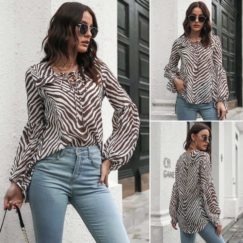 Casual Lantern Sleeve V-neck Lace-up Long-Sleeve Women Top Spring Summer Loose Mid-Length Chiffon Shirt - Image 5