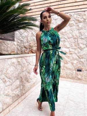 Summer Holiday Halter Sleeveless Printed Series Belt Large Swing Maxi Dress