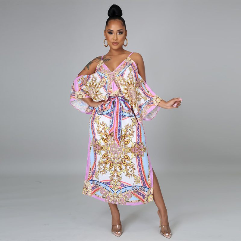 African Fashion Digital Printed Sexy Sling Loose Sleeves Split Baroque Chain Dress for Women - Image 3