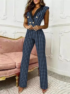 Spring Summer Women Clothing  Color Matching Button V-neck Sleeveless Houndstooth Jumpsuit Business Wear for Women