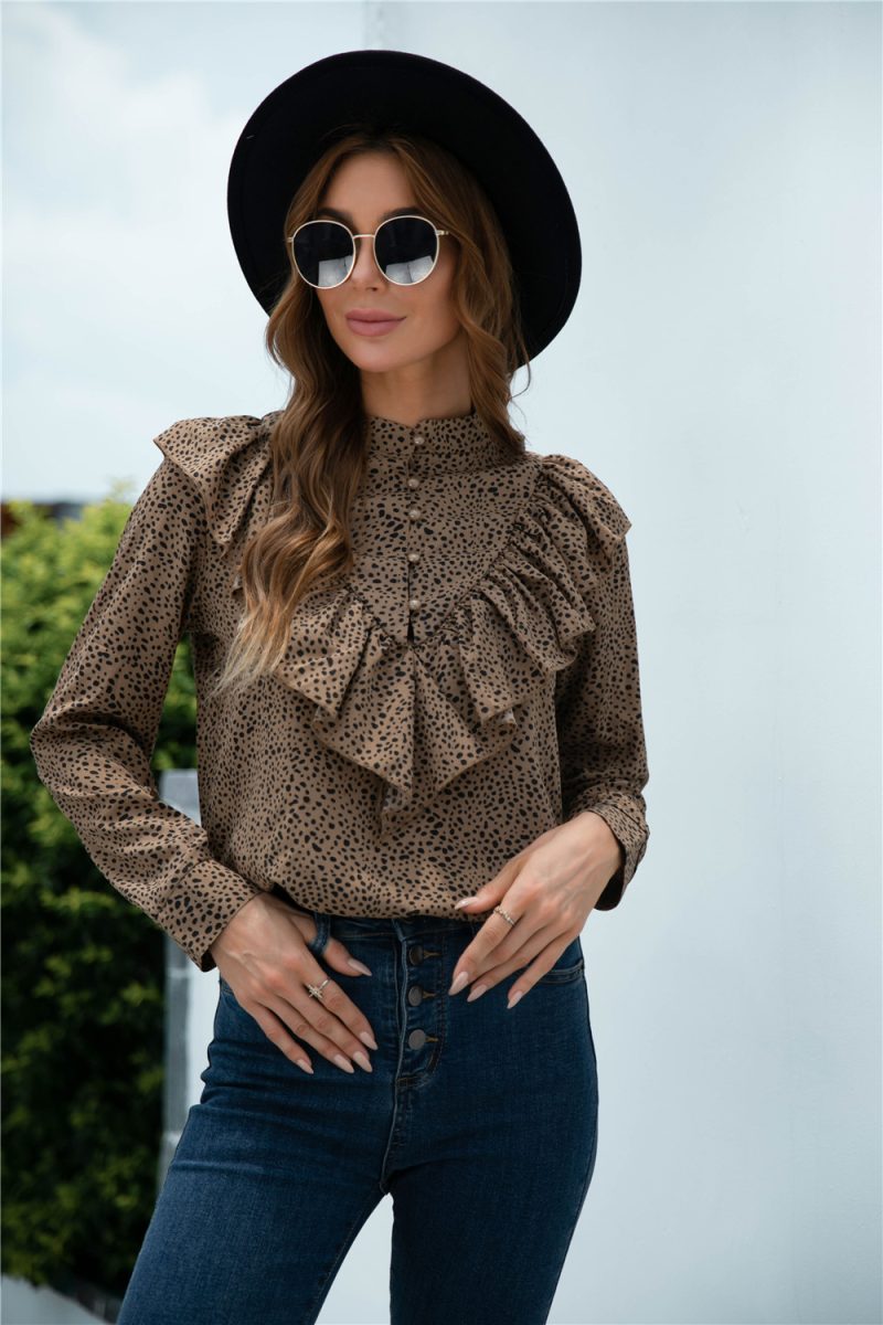 Spring Autumn Casual Polka Dot Ruffled Button Shirt - Image 4