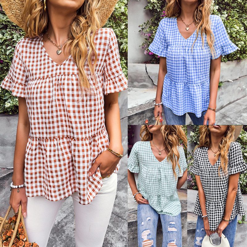 Plaid Women Top Summer Short Sleeve Ruffled Elegant Small Babydoll Shirt - Image 5