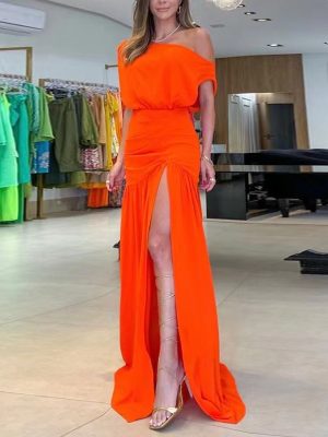 Women Fashionable Off Neck Slit Mop Vacation Dress Spring Summer