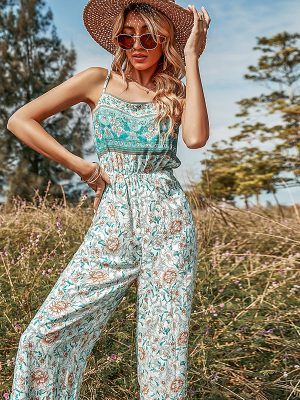 Bohemian Spring Spaghetti Strap Floral Print Floral Casual Loose Waist Sexy Jumpsuit Women estampado floral