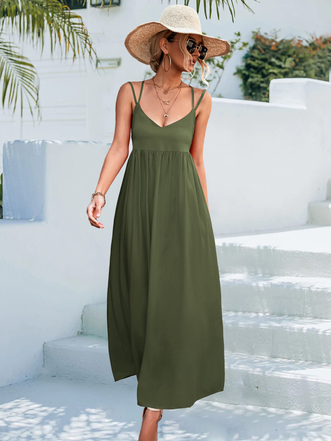 Spring Summer Sexy V neck Backless Strap Dress Beach Dress - Image 2