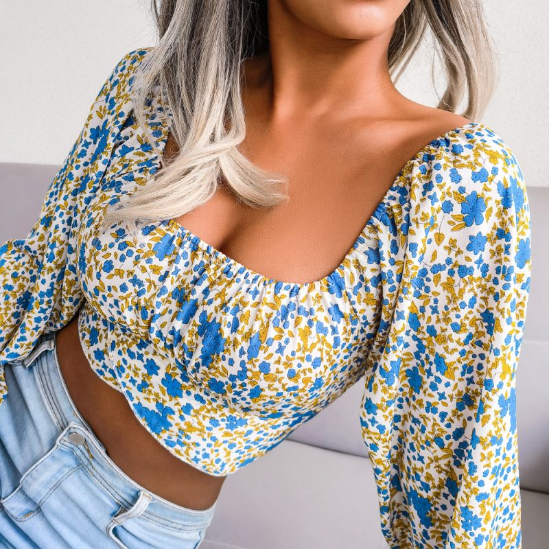 Lantern Sleeve Bow Floral Chiffon Shirt Vacation Cropped Top Women Clothing - Image 3