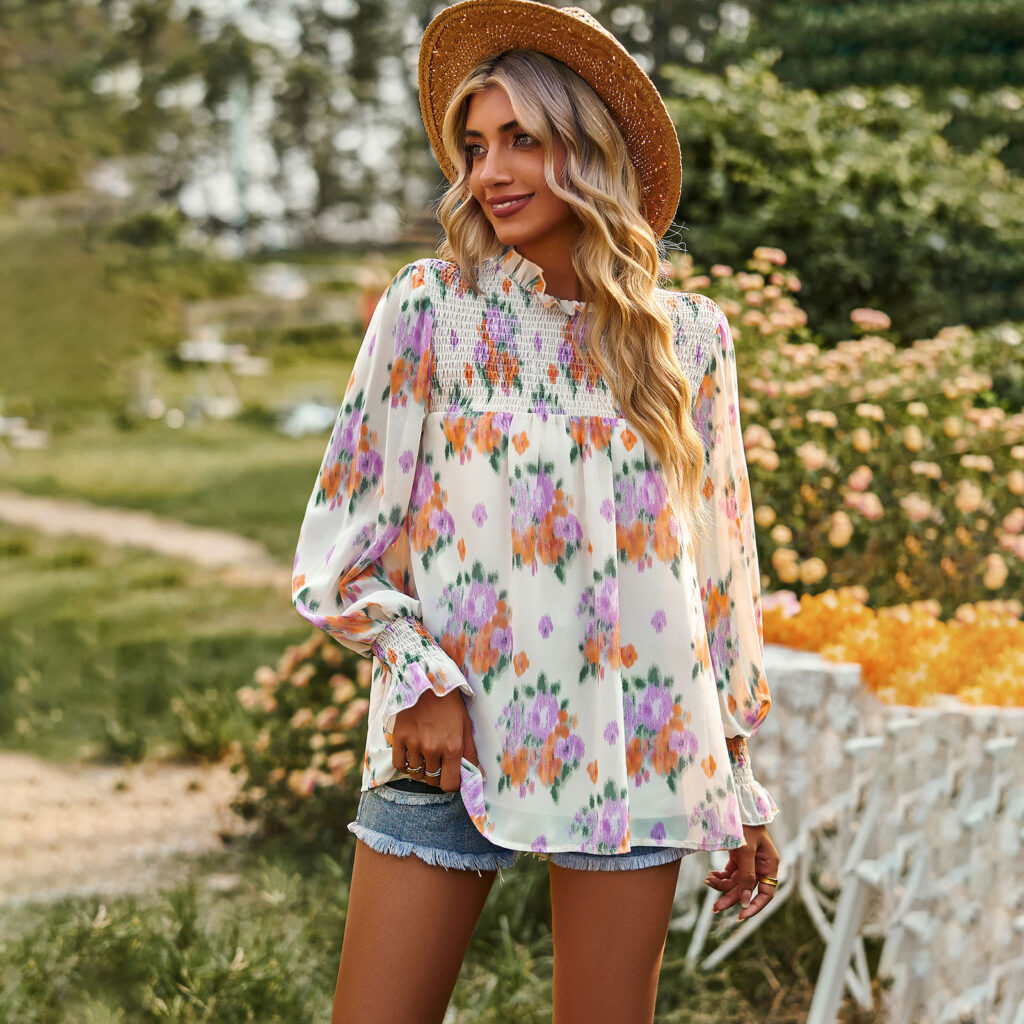Floral Print Top Spring Summer Elegant Double Layer Women Clothing - Image 3