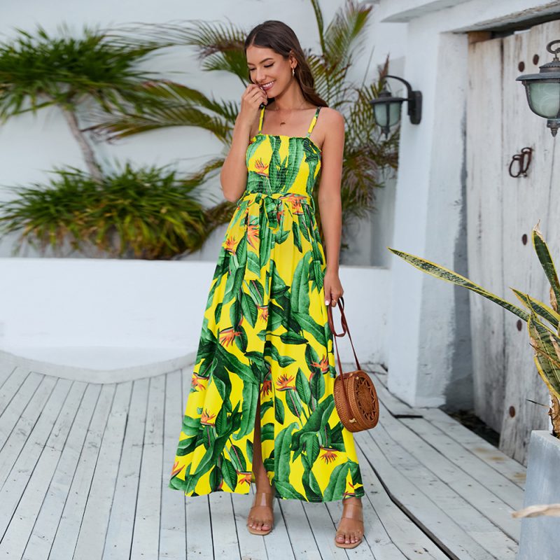 Spring Summer High Waist Slit Dress Bohemian Backless Strap Dress Women Clothing