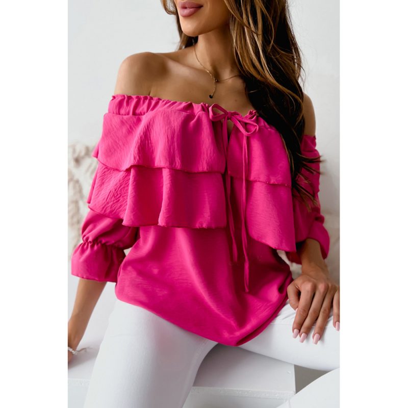 Ruffled Chiffon Shirt Women Three Quarter Sleeve Sexy off Shoulder T-shirt - Image 2